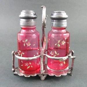 Antique CRANBERRY Enamel RIBBED Pillar S&P Shakers - Silver TWIG stand - SHM&Co - Picture 1 of 12
