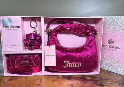 Juicy Couture 3 piezas Lentejuelas Hobo Bolso Mini Muñequera Espejo Llavero Conjunto Lentejuelas Foto 1 de 4