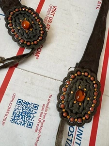 Vintage Amber Colored Stone Rhinestone Detail Oval Buckles Boho Waist Tied Belt - Picture 1 of 8