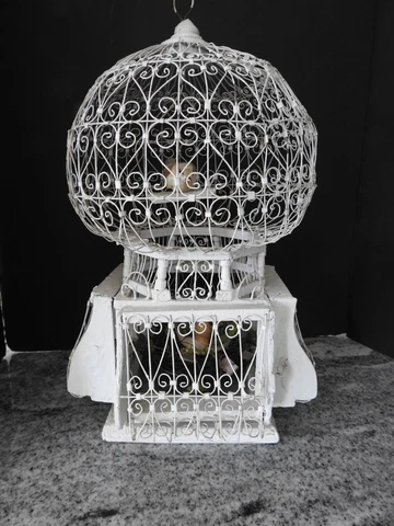Antique White Wood and Wire Victorian Hot Air Balloon Top Bird Cage with Bird Cover