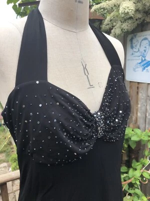 SIZE 14 TRUE VINTAGE BLACK MIDI DRESS HALTER NECK SILVER SEQUINS SWEETHEART NECK - Image 1 of 4