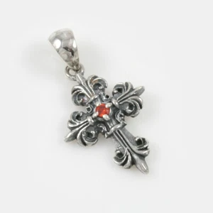 Floral Cross Sterling Silver Gothic Design Pendant w/Red Garnet GI™Brand Stamped - Picture 1 of 3