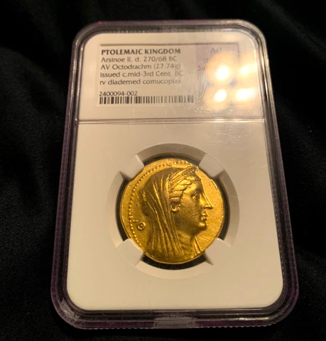 PTOLEMAIC KINGDOM EGYPT ARSINOE II 270BC OCTODRACHM NGC AU 5x2 EGYPTIAN GOLD COI Cover