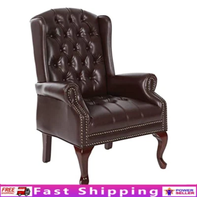 Silla con respaldo de ala estilo Queen Anne asiento acolchado soporte lumbar patas caoba marrón Foto 1 de 4