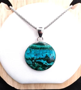 Natural Malachite In Chryscolla Solid 925 Sterling Silver Italian Necklace-46cm - Picture 1 of 17