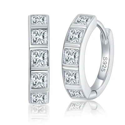 Real Princess Cut Moissanite Hoop Earrings 925 Sterling Silver Platinum Plated - Image 1 of 4
