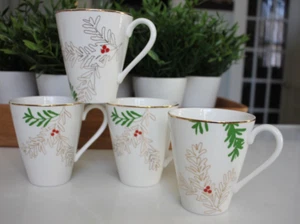 Set of 4 Lenox Merry & Bright Pine And Berry Print Coffee Mugs Cups - Gold - Picture 1 of 8