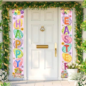 Happy Easter Decorations Eggs Bunny Flowers Rabbit Porch Sign Door Banner 12x71" - Picture 1 of 12