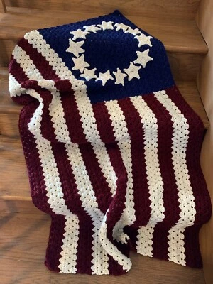 New American Flag Afghan Hand Made Crochet knit Blanket Throw  59”x30” - Image 1 of 4