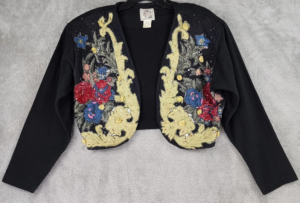 Chaqueta JouJou Mujer Mediana Negra Dorada Floral Adorno Manga Larga Vintage Top Foto 1 de 4