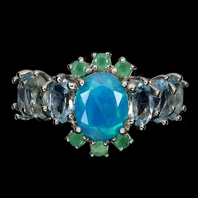 925 Sterling Silver Ring Oval Blue Opal 9x7mm Emerald Topaz Gemstone Jewelry 7 - Image 1 of 4