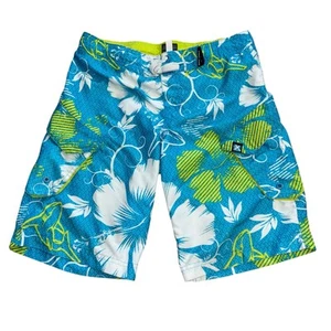 Zero Xposur Tropical Blue Green Swim Trunks Youth S 8 Beach Casual Shark Flower - Picture 1 of 10