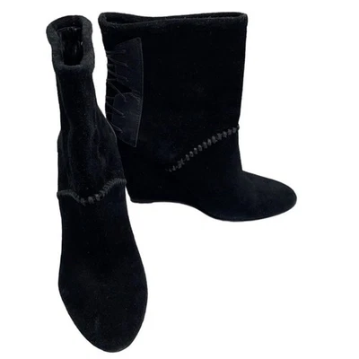 Botas de cuña House of Harlow Sahara de cuero gamuza negro con cordones talla 40 9,5 Foto 1 de 4