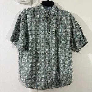 BUGLE BOY Vtg 90s Button Down Shirt Short Sleeve Men's Sz L Pocket Green Beige - Picture 1 of 7