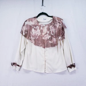 Faiwong Cream Button down Blouse with Sheer Accents Formal Modest Preppy Top - Picture 1 of 17