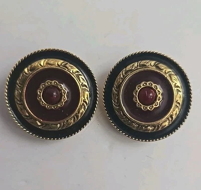 DE COLECCIÓN 1928 ROJO CABUJÓN NEGRO ROJO ESMALTE DORADO REDONDO ESTILO BIZANTINO CLIP PENDIENTE Foto 1 de 4
