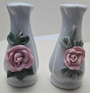 Vintage Salt & Pepper Shakers, Porcelain, White with Pink Roses and Leaves - Picture 1 of 8