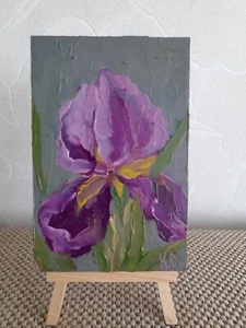 violet iris original painting, miniature oil painting, iris wall art, small art - Picture 1 of 17