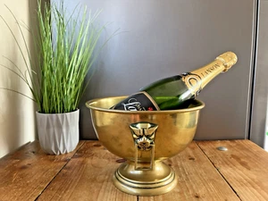 BRASS ART DECO ANGULAR JAGUAR MASK PEDESTAL FRUIT PUNCH BOWL CHAMPAGNE COOLER - Picture 1 of 18