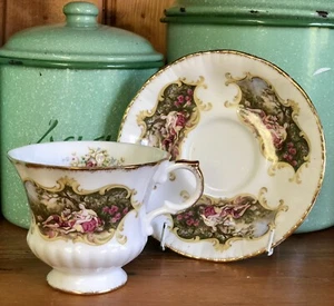 Taza y platillo vintage PARAGON con cita para Queen dúo Chippendale Lovers - Imagen 1 de 3