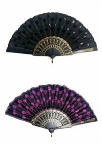 New 2 Pcs.  Ladies Black & Hot-Pink Peacock Pattern Sequin Fabric Hand Fan 2044 - Picture 1 of 9