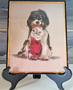 Vintage Judy Beals Dog Holding Cat In Stocking Original Signed Print - Picture 1 of 7