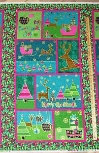 Merry Little Christmas Reindeer Sleigh Metallic Fabric Panel 23" #3024M - Picture 1 of 3