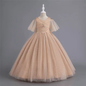 Princess Girl Half Sleeve Long Formal Dresses Sequin Rhinestone Wedding Party - Picture 1 of 13