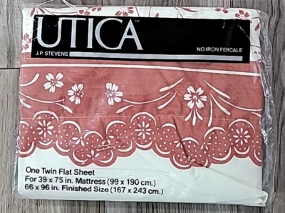 Vintage NOS Utica JP Stevens TWIN FLAT Raspberry Scallop Border Floral Sheet - Image 1 of 4