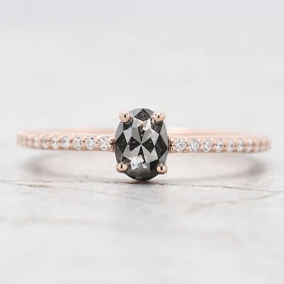 0.51 Ct Oval Cut Salt And Pepper Diamond Ring 14K Rose Gold Engagement Gift Ring - Image 1 of 4
