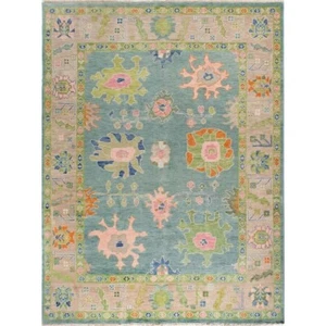 8x10 Feet Modern Turkish Knot Oushak Rug in Sky Blue and Baby Pink Color Hallway - Picture 1 of 5