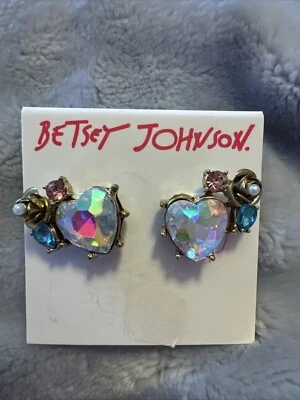  BETSEY JOHNSON  Angel Crystal Heart  IRIDESCENT CRYSTALS,FLORAL,EARRINGS E1 - Image 1 of 2