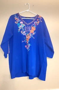 Calessa Women's Blue Embroidered Tunic Top Large Size 3/4 Sleeves BOHO - Picture 1 of 5