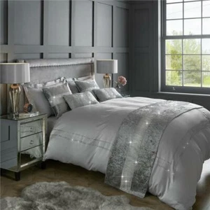 Diamante & Crushed Velvet Bed Runner & Cushion Cover Sparkle Sets Silver / Grey  - Picture 1 of 7