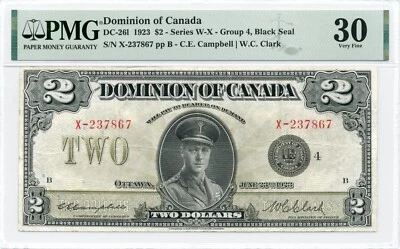 1923 $2 Dominion of Canada, Group 4, Black Seal - Choice Very Fine, PMG VF30 - Image 1 of 2