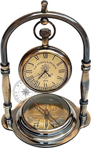 Brass Desk Clock Nautical Antique Marine Compass Watch Collectible Vintage Gifts - Picture 1 of 5