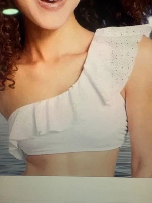 Top de natación de bikini Kona Sol para mujer blanco con ojales con volantes de un hombro mediano (8-10) Foto 1 de 4