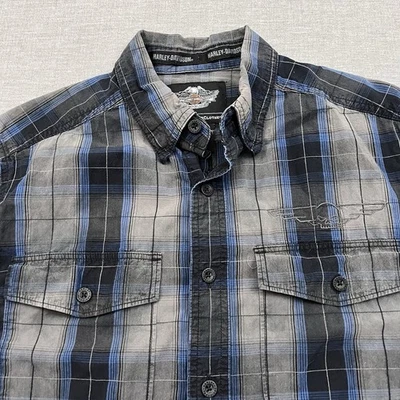 Camisa Harley Davidson Para Hombre Gris Mediana A Cuadros Abotonada Calavera Motociclista Foto 1 de 4