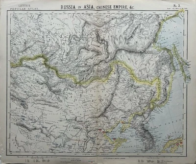 Mapa a color antiguo de 1883 de China del Norte Corea Manchuria Mongolia Siberia por Letts Foto 1 de 3