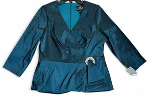 Alex Evenings Womens Medium Tafetta Teal Top Blouse Stretch Brooch V Neck 3/4 - Picture 1 of 12
