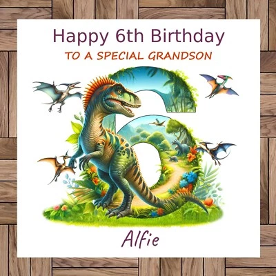 GB GIFT DESIGNS Personalised Dinosaur 6th Birthday Card, For a 6 Year Old, Relative & Name