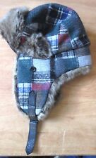 Men's MUDD Trapper Faux Fur Ear Flaps Gray Blue Plaid One Size Fits All