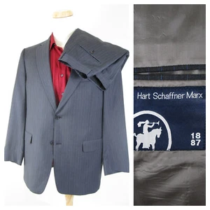 Hart Shaffner Marx Gray Blue Pinstripe Wool Suit Size 42R Pants 36 X 30 - Picture 1 of 16