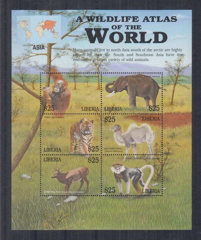 130.LIBERIA STAMP S/S WILDLIFE ATLAS OF THE WORLD (ASIA) TIGER,ELEPHANT,CAMEL - Image 1 of 1