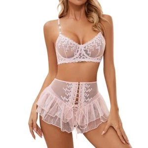 Women Babydoll Lingerie set 3 Piece Sheer Lace Underwire Bra Panty sets with ... - Picture 1 of 8