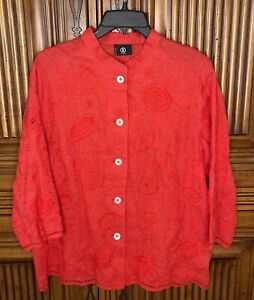 Bogner Womens Shirt Red Size 14 Extra Large XL Embroidered Flower Boxy Linen