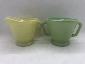 Vintage Hazel Atlas Moderntone Green & Yellow Milk Glass Creamer & Sugar Bowl - Picture 1 of 7