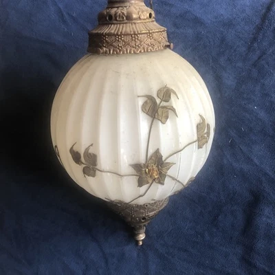 VTG Carl Falkenstein Hanging Swag Lamp white Glass Gold texture Mid Century 1950 - Image 1 of 4