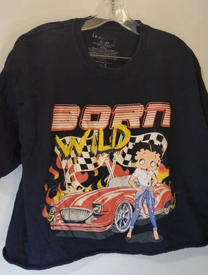 Betty Boop Women's XL Born Wild Race Car Black Cut Off Cropped Cartoon T-Shirt - Image 1 of 3