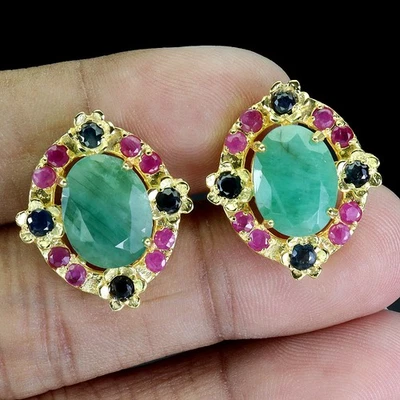 925 Sterling Silber Ohrringe Oval Smaragd 12x10mm Rubin Saphir Edelstein Schmuck - Bild 1 von 4